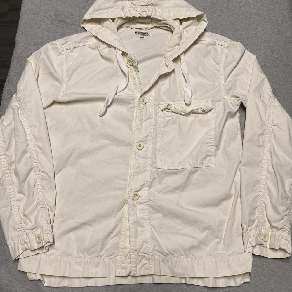Knickerbocker NYC Hooded Shirt Mens Small Ivory Button Front Hoodie Cotton‎